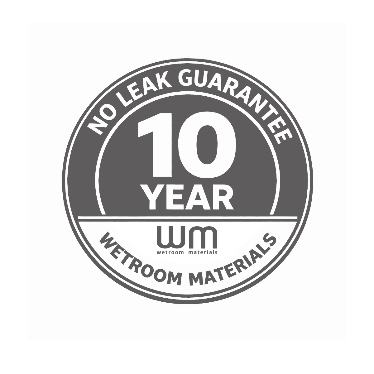 10-year no leak guarantee badge for Wetroom Materials on a white background