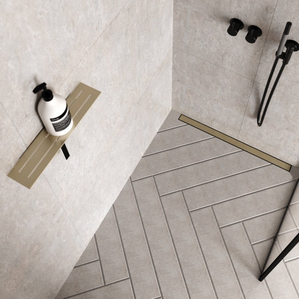 Unislope® 1K Elegance Linear Drain Wet Room Kit - Highline Panel Brass without Frame - Wetroom Materials