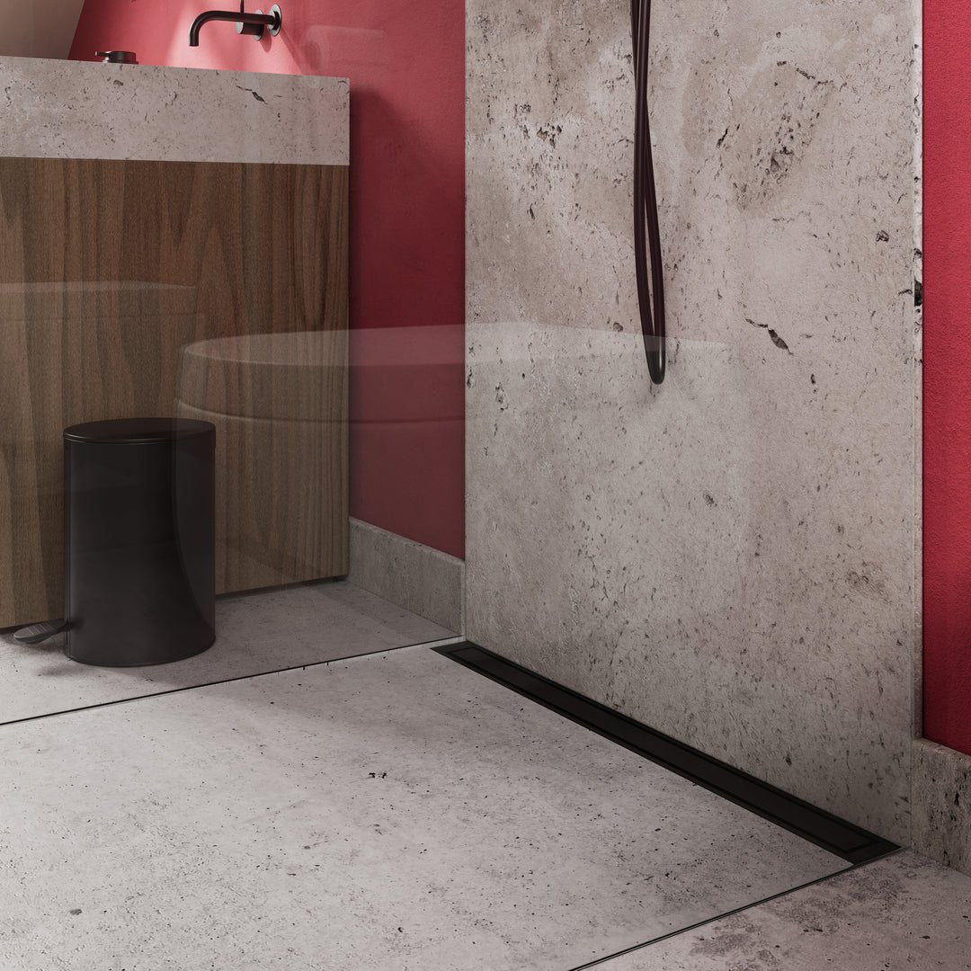 Unidrain® Wall Mounted Linear Drain | HighLine Panel Black with 15mm Frame - WM | Wetroom Materials