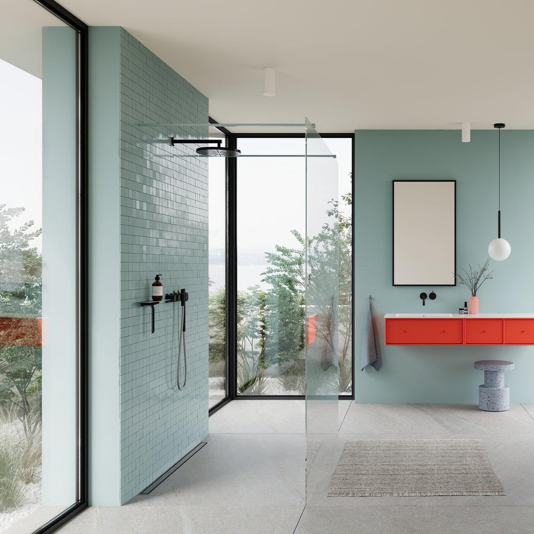 Unidrain® Wall Mounted Linear Drain | HighLine Panel Brushed Stainless Steel with 15mm Frame - WM | Wetroom Materials