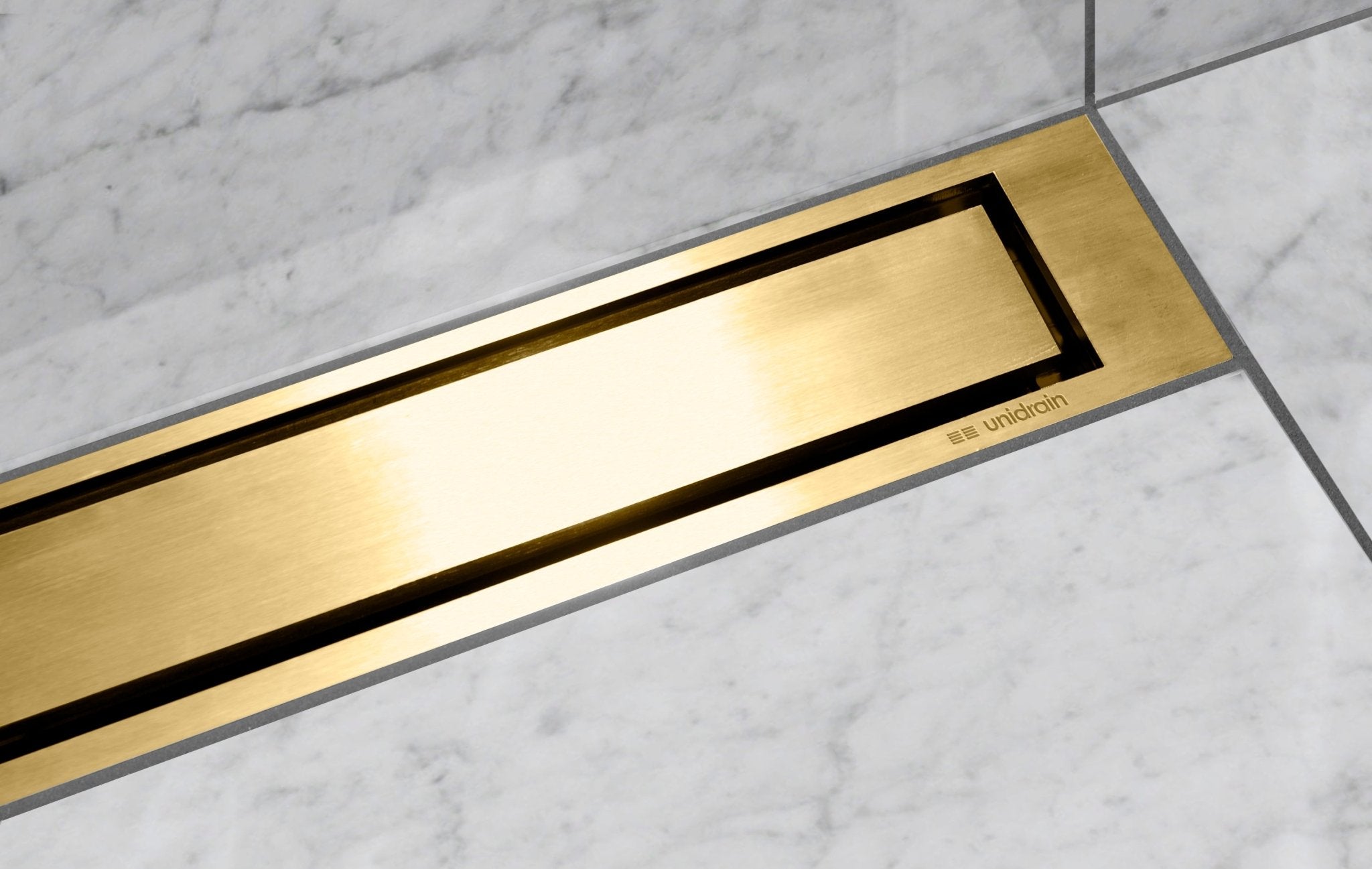 Unislope® 1K Elegance Linear Drain Wet Room Kit | Highline Panel Brass with 15mm Frame - WM | Wetroom Materials