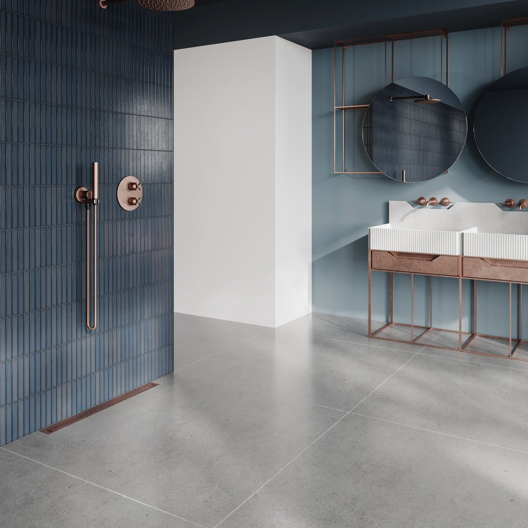 Unidrain® Wall Mounted Linear Drain | HighLine Panel Copper with 15mm Frame - WM | Wetroom Materials