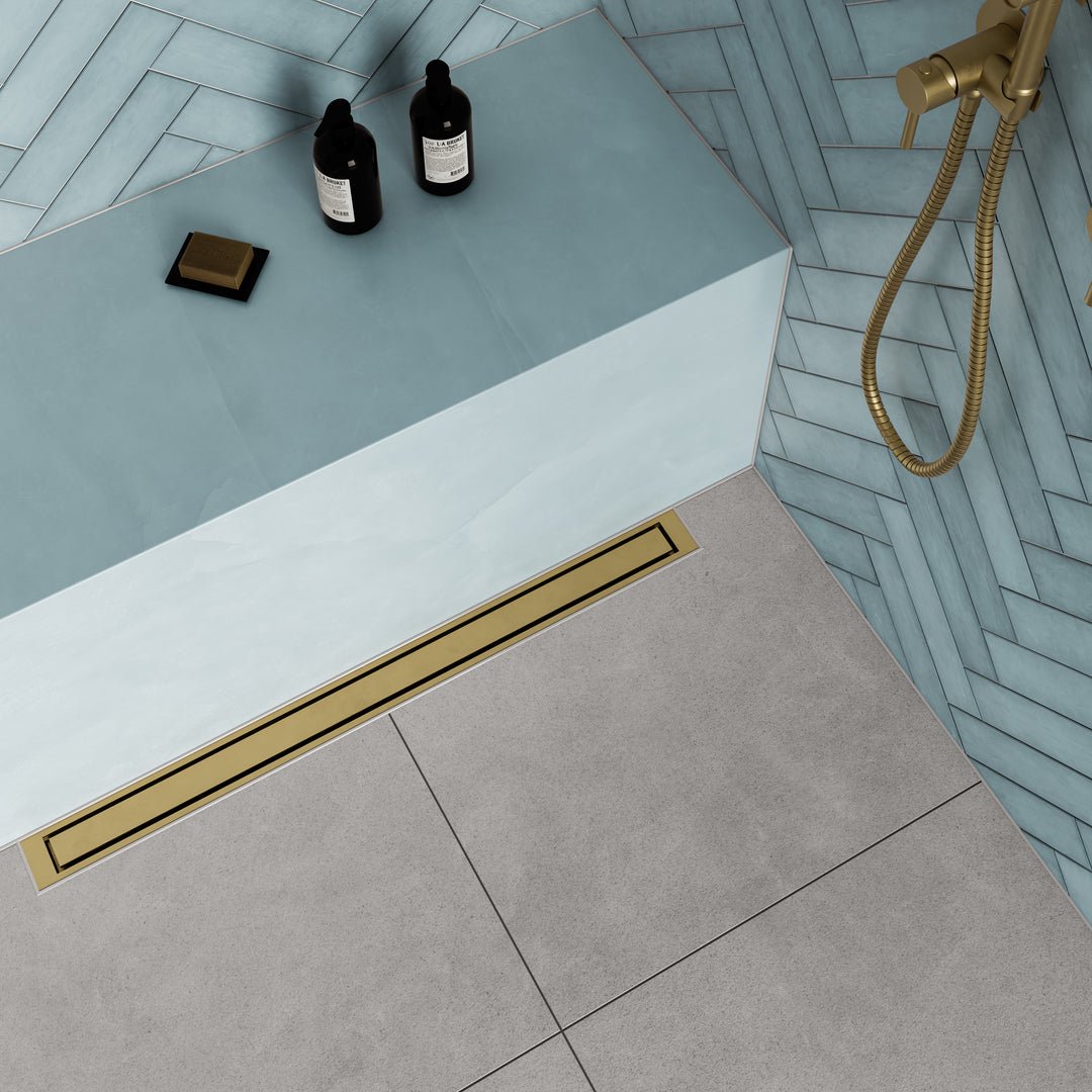 Unidrain® Wall Mounted Linear Drain | HighLine Panel Brass with 15mm Frame - WM | Wetroom Materials