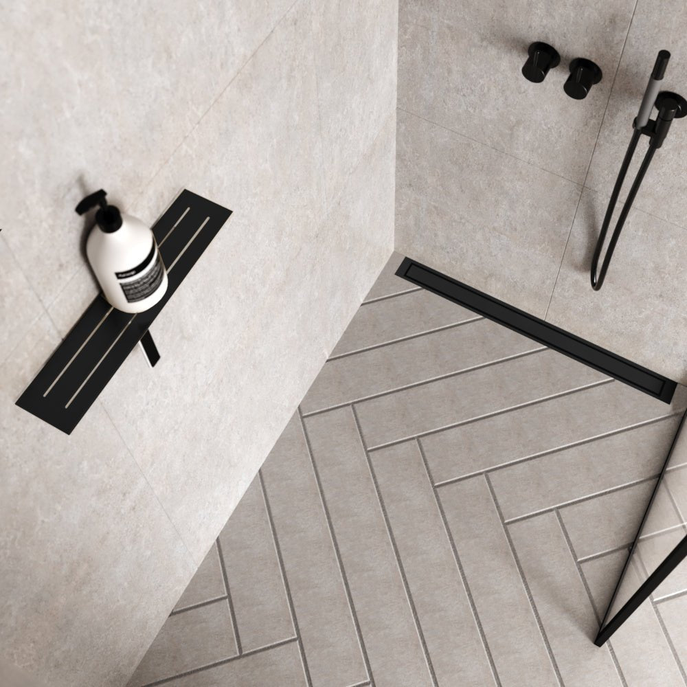 Unidrain® Wall Mounted Linear Drain - HighLine Panel Black with 15mm Frame - WM | Wetroom Materials