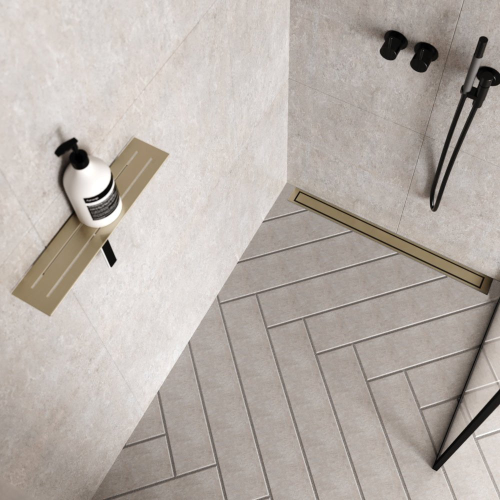 Unidrain® Wall Mounted Linear Drain - HighLine Panel Brass with 15mm Frame - WM | Wetroom Materials