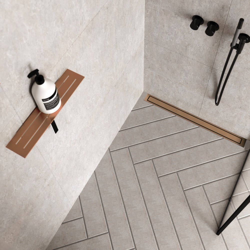 Unidrain® Wall Mounted Linear Drain - HighLine Panel Copper with 15mm Frame - WM | Wetroom Materials