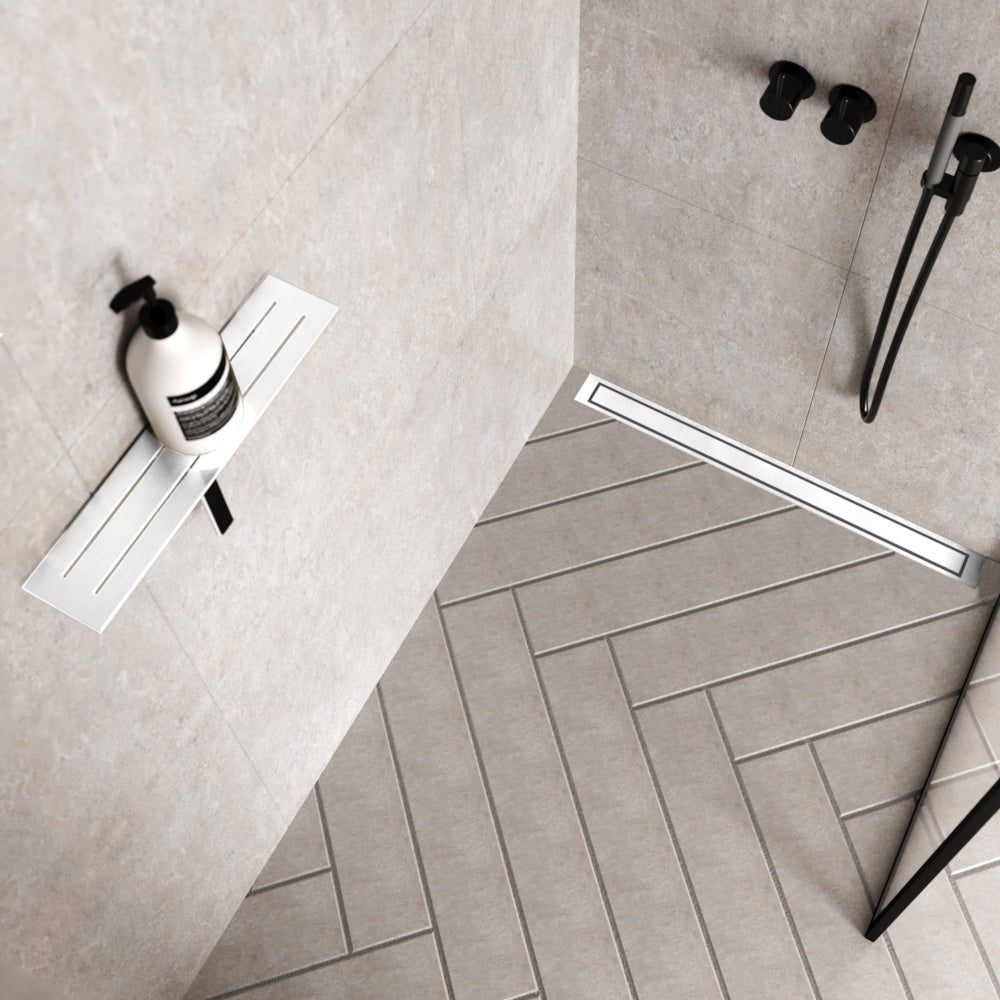 Unidrain® Wall Mounted Linear Drain - HighLine Panel Polished Stainless Steel with 15mm Frame - WM | Wetroom Materials