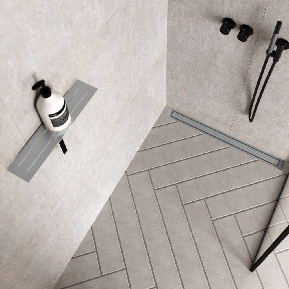 Unidrain® Wall Mounted Linear Drain - HighLine Panel Brushed Stainless Steel with 15mm Frame - WM | Wetroom Materials