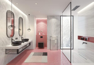 A light and contemporary wet room design with stylish lighting options including spotlights, mirror lighting and natural sunlight