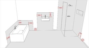 Diagram showing the areas which require waterproofing in a bathroom. All the floors, shower walls and behind the bath.
